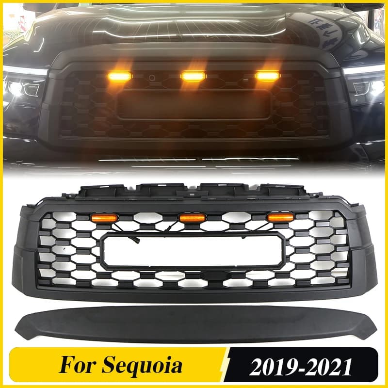Front Grille With LED Lights Auto Parts Bumper Grille Modification Accessories Fits For 2019 2020 2021 Toyota Sequoia Grill