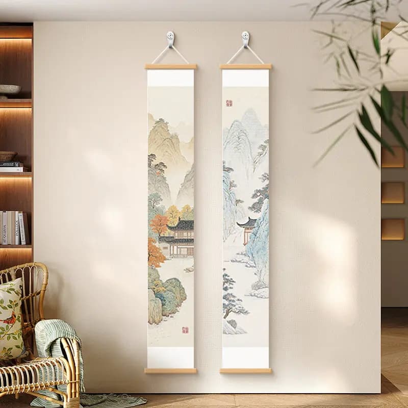 Wall Art Pale Mountain Peaks and Spring Valley Song Inspired Pearlescent Canvas Hanging Scroll with Wooden Rods for Entryway