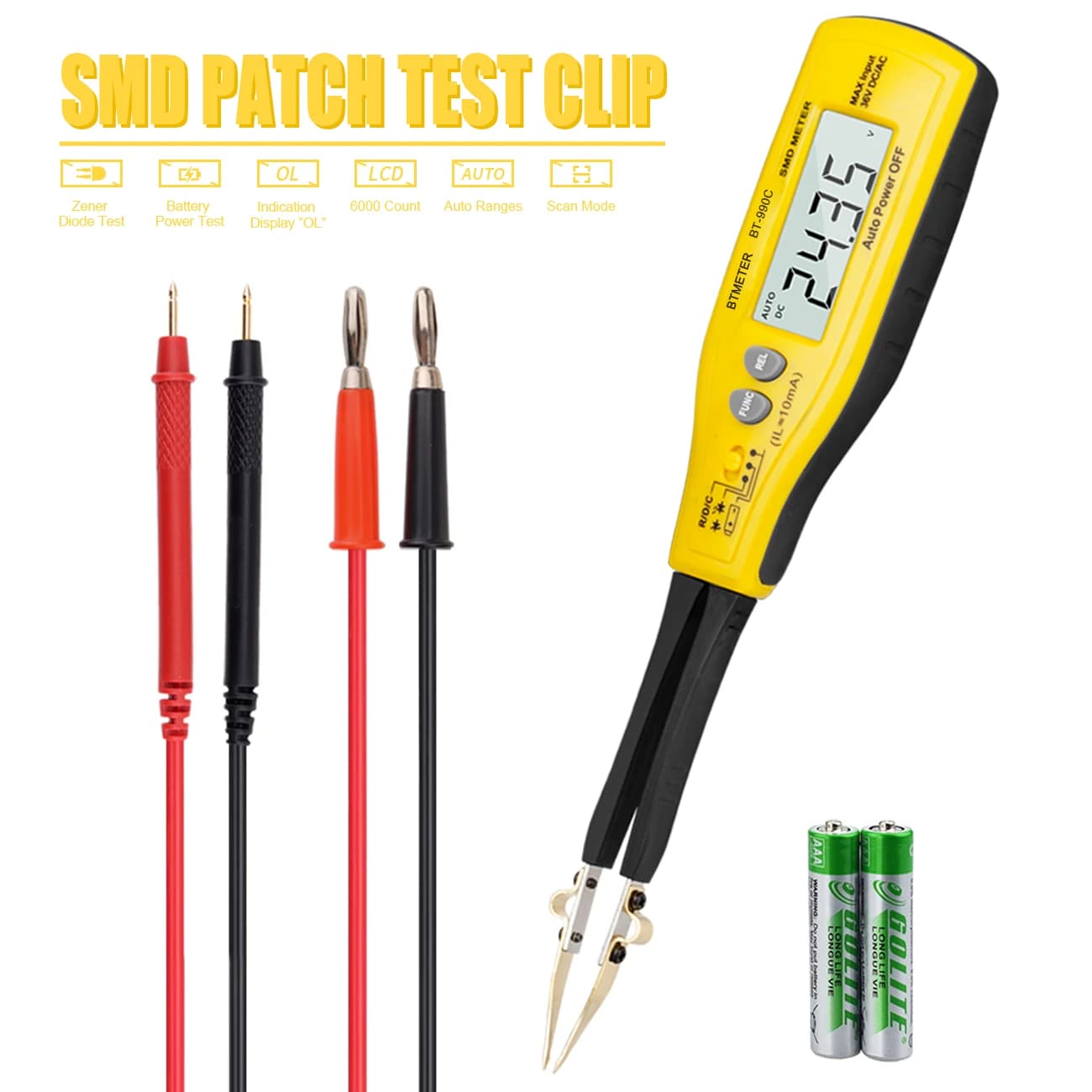 BT-990C Digital Capacitance Meter SMD Tester for Diode/Capacitor/Resistor/Continuity Test, Tweezers Meter with Auto Range