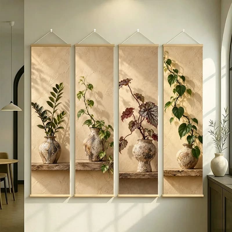 Wall Decor ZZ Plant and Pothos, Serene Wabi-Sabi Botanical Silver Shimmer Canvas Hanging Scroll for Meditation Room Decor