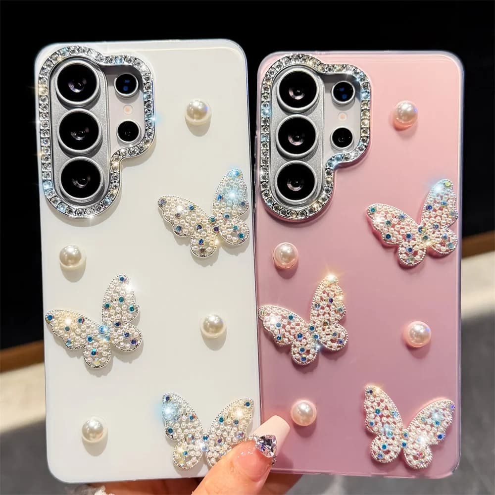 Luxury Sparkly Rhinestone Butterfly Pearl Phone Case for S26 Ultra Lanyard IMD Matte TPU Cover for Samsung Galaxy S25 A57