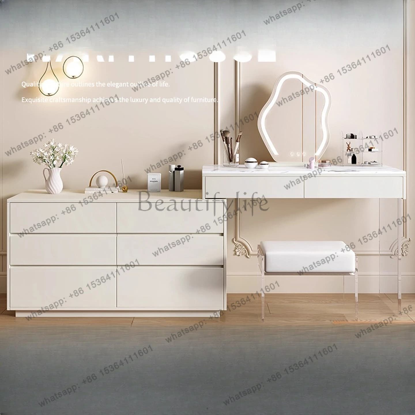 Cream wind white dresser bedroom modern simple storage chest integrated all solid wood retractable light luxury makeup table