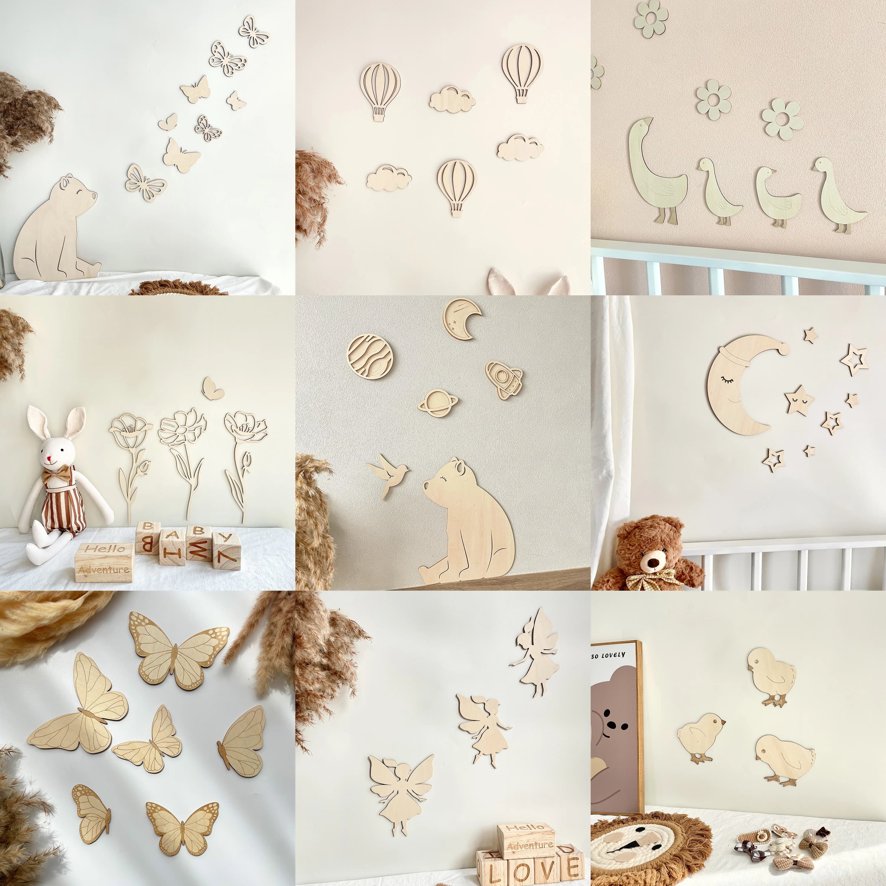 Multiple Options Nordic  Wooden Moon Star Wall Sticker Children's Room Butterfly Universe Decoration Balloon Flower Photo Prop