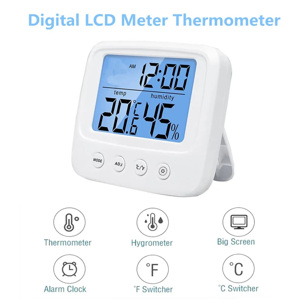 ​Digital LCD Multifunction Thermometer Indoor Temperature Sensor Humidity Meter Time Date Thermometer Display Gauge Alarm Clock