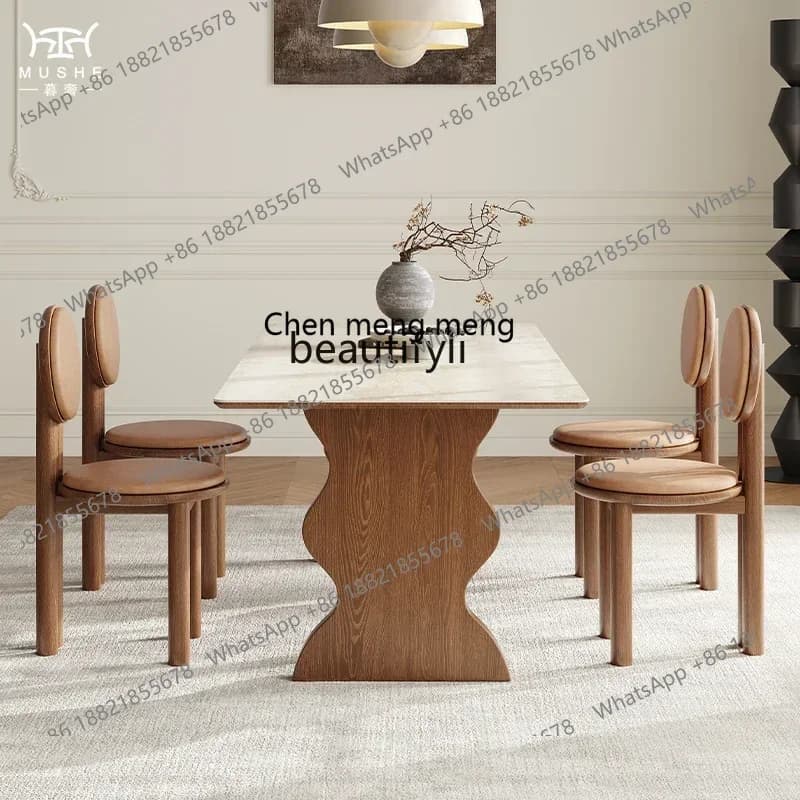 CC French retro travertine rock slab rectangular dining table and chair combination simple household dining table