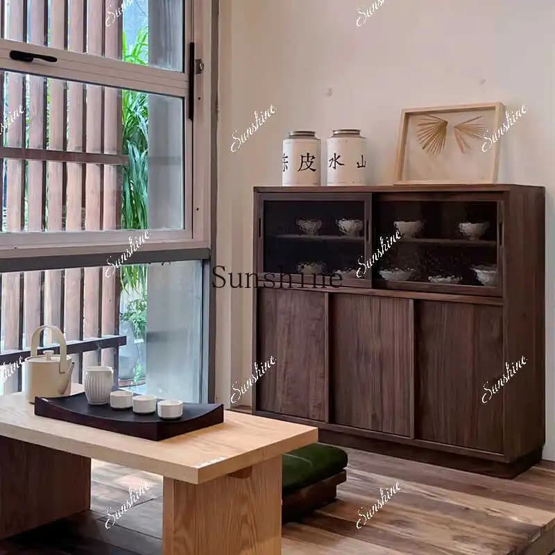 black walnut dining side cabinet integrated against the wall Solid wood medieval tea room Living room Storage and storage  FT