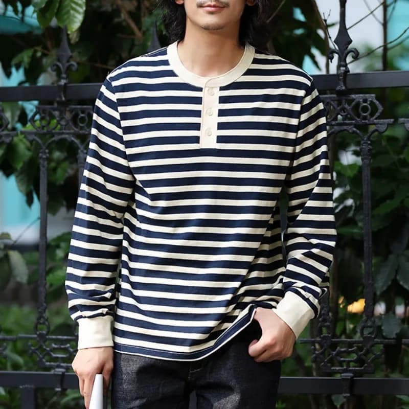 230g Heavy Long Sleeved Striped Henry Collar T-shirt Men Deck Sea Soul Shirt Japanese Casual Straight Pullover T-shirt Dailywear