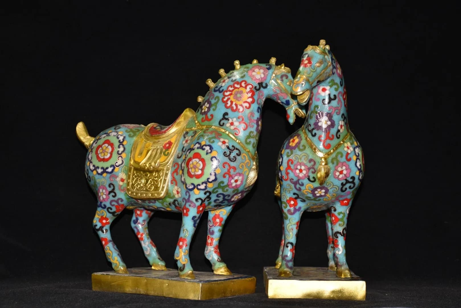 14"Tibetan Temple Collection Bronze Cloisonne Enamel Tang Ma Horse Statue War Horse a pair Gather fortune ornament Town house