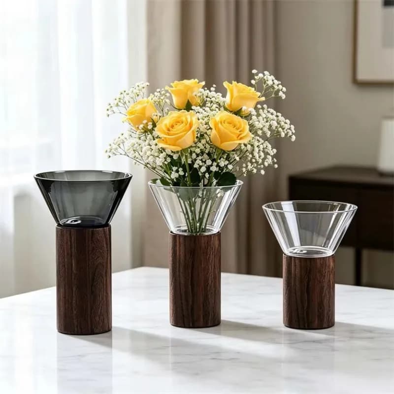 DSA Creative Nordic Simple Glass Wood Vase Creative Model Room Home Soft Decoration Flower Ornament
