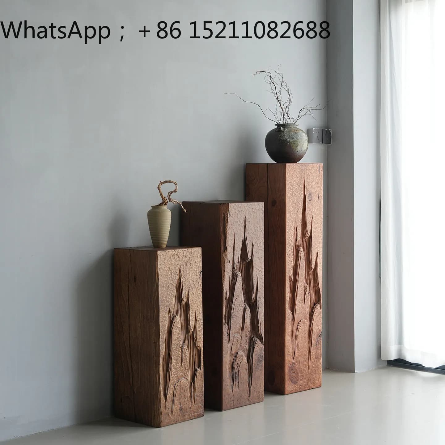 SCY wabi-sandy wind solid wood square pier edge living room entrance wood carving landscaping decorative flower stand ornament
