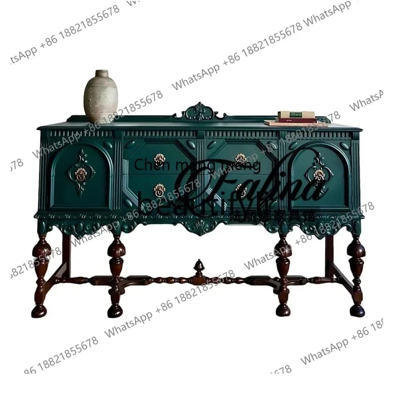 zqxFrench solid wood carving flower dining side cabinet European neoclassical luxury black living room  retro door cabinet
