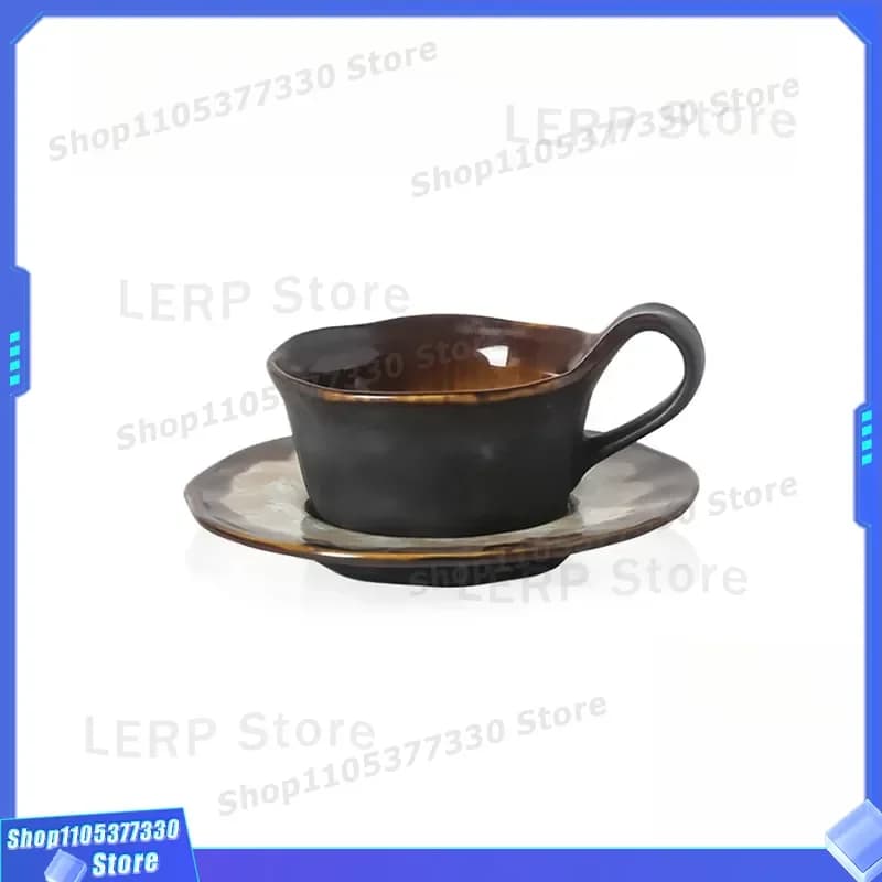 Handmade Ceramic Latte Cup with Saucer Medium Size Ancient Kiln Changed Coffee Mug Unique Pottery Tea Set for Home Decor Gift