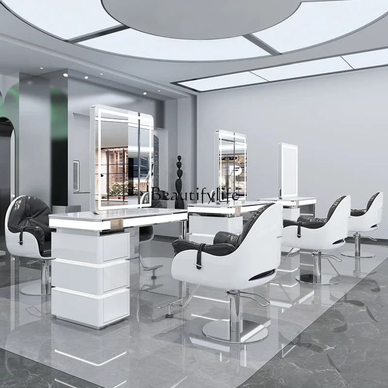 06Barber Shop Dressing Table Stainless Steel Marble Double-Sided Mirror Integrated Hair Cutting