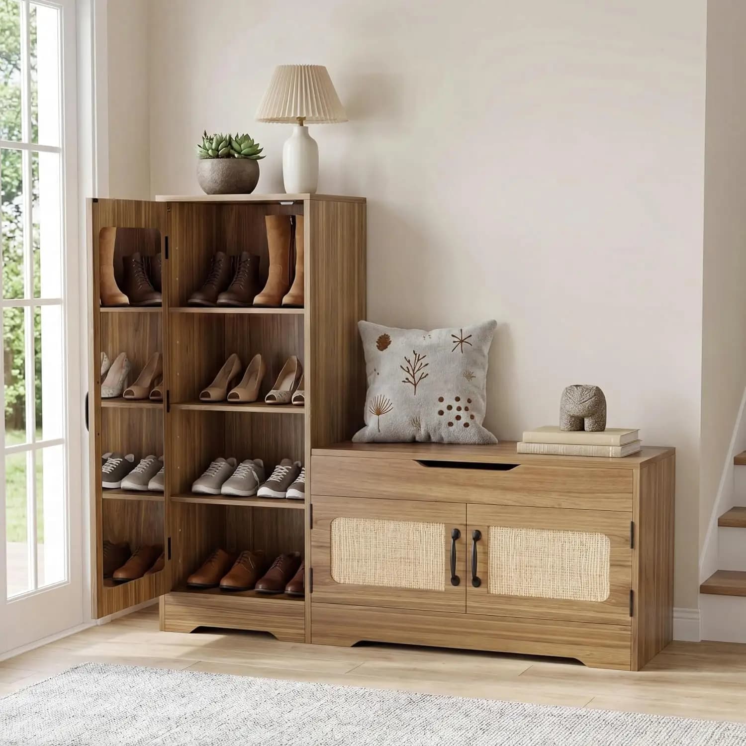 Walnut Rattan Shoe Cabinet with Full‑Length Mirror & Entryway Bench