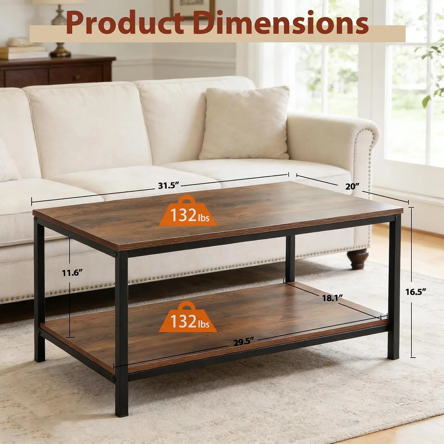 Industrial Coffee Table with Storage Shelf for Living Room, Wood Look Accent Furniture with Vintage Wooden Board Stable Metal