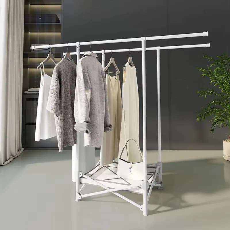 Home Folding Laundry Stand Metal Iron Telescopic Floor-standing Double Clothes Rack Collapsible Clothes Drying Rack