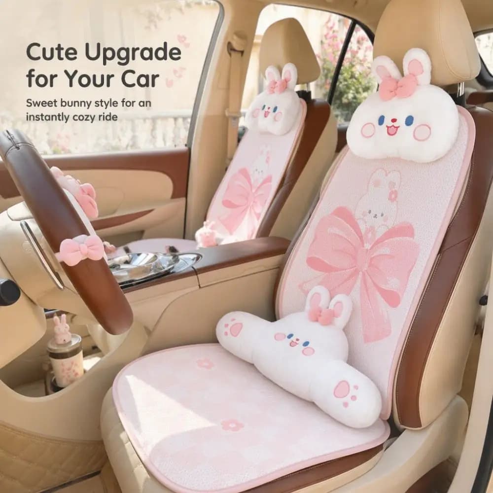 Cartoon Rabbit Car Seat Cushion, Backrest, Headrest & Lumbar Support Set - Honeycomb Breathable Fabric, All-Season, Cute Style