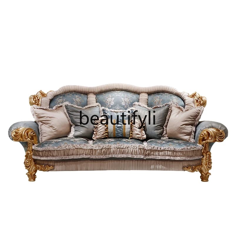 French luxury furniture champagne gold hand-carved embroidered solid wood fabric sofa