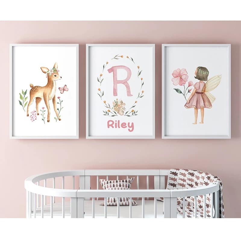 Pink Fairy Kids' Name Customized Wall Art Canvas Paintings Posters and Prints for Girl's Bedroom Decor Baby Shower Gift Pictures