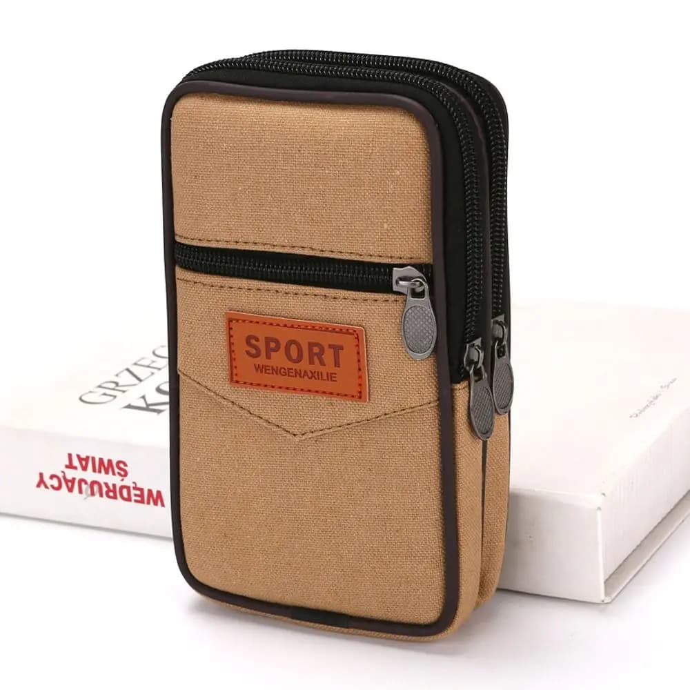 Solid Color Double Layer Men Phone Bag Belt Pouch Canvas Mobile Phone Pouch Vertical Casual Men Waist Pack Camping