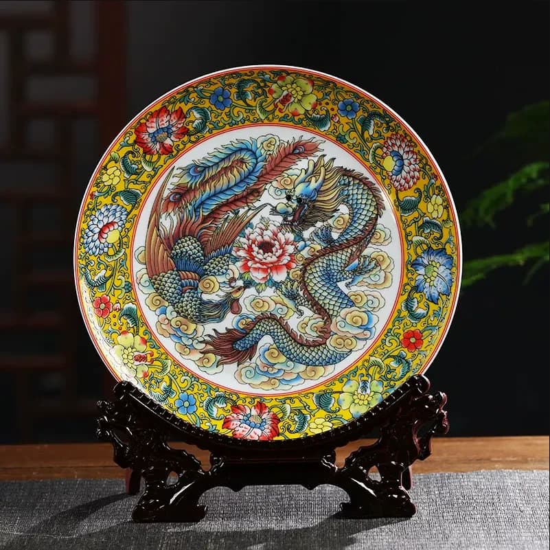 Chinese Jingdezhen Ceramic Plate+Base Set Decoration Items Home Living Room Furnishing Ornaments Office Desk Accessories Crafts
