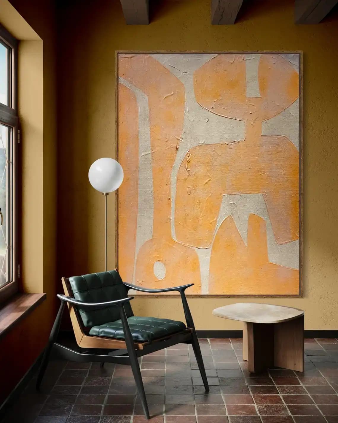 Large Abstract Textured Handmade Painting Mustard Yellow Abstract Painting Mid Century Modern Wall Art Beige Painting Home Art