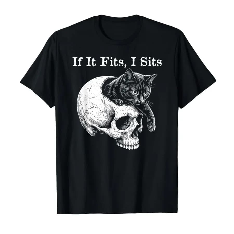 Funny Spooky Cat If I Fits I Sits Skull Meme T-shirt For Men Women 100% Cotton T Shirts Short Sleeve Tops 0417-1