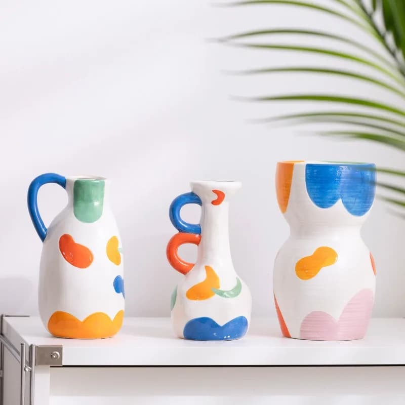 Hand Drawn Colorful Ceramic Vases, Graffiti Vases, Flower Arrangement Accessories, Vintage Style Handled Vases, Home Decor