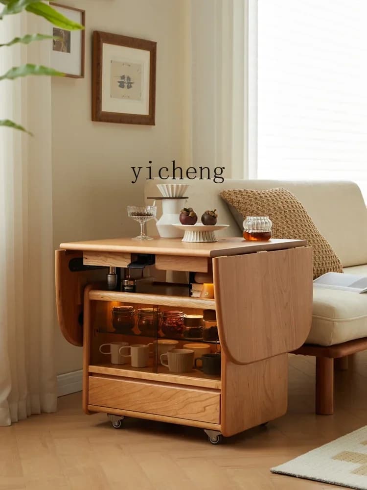 a1 solid wood tea table lifting coffee table dining table dual-purpose folding telescopic cherry wood movable  cart