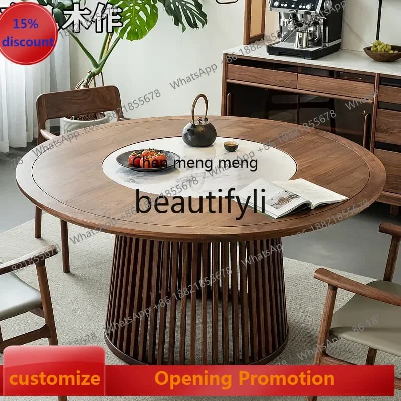 S7486teae New Chinese black walnut log household round dining table, solid wood guest dining room with rock slab turntable round