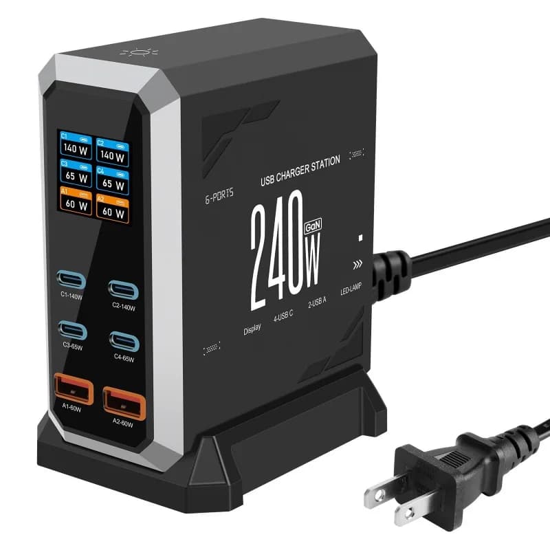 High-power multi-port charger, gallium nitride fast charging, desktop charging station, universal for mobile phones and tablets