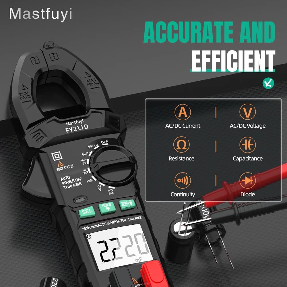 MASTFUYI FY211D True RMS Digital Clamp Meter 6000 Counts, 600A AC/DC Current Voltage Tester with NCV for Electricians Tool