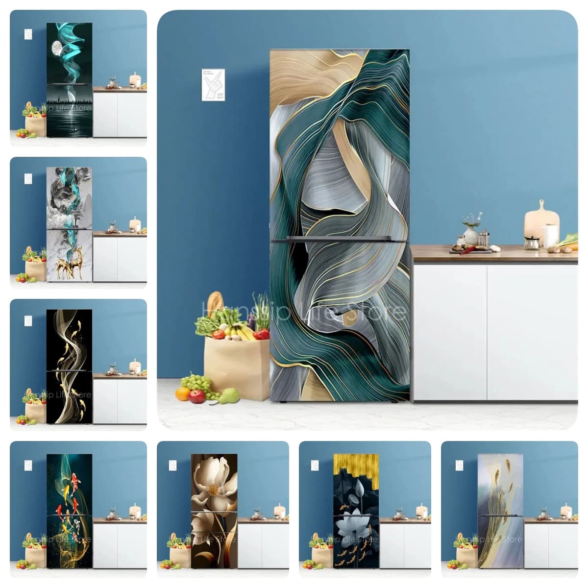 Luxury Abstract Gold Line Refrigerator Stickers Waterproof Self-Adhesive Doors Decals Modern Art Wrap for Kitchen Home Decor