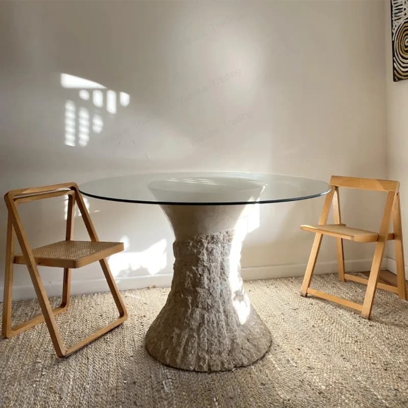 Natural travertine dining table Modern simple tempered glass round dining table