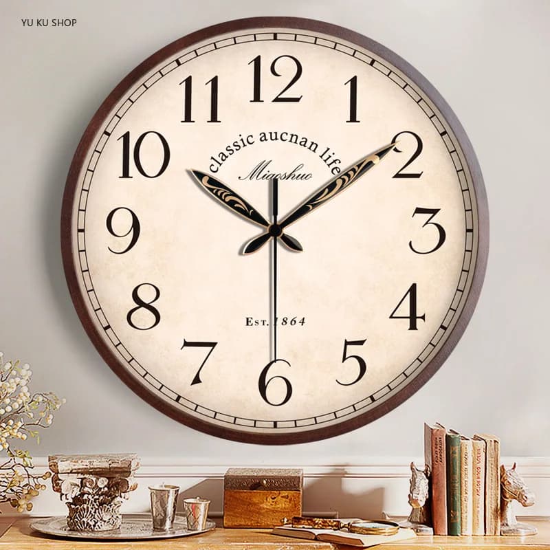 French Retro Solid Wood Wall Clock Large Wall Clock Living Room Bedroom Home Decoration Silent Quartz Clock Holiday Gift Decor