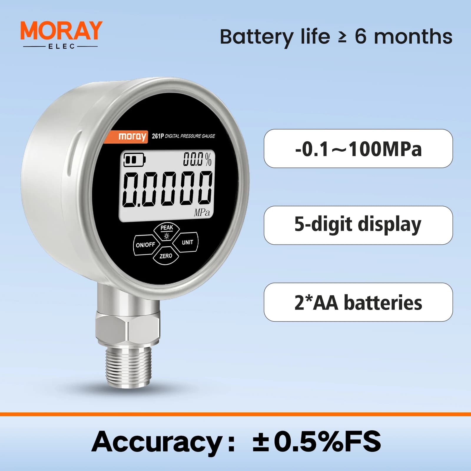 MORAY ME261P Digital Pressure Gauge LCD Display 0.5% FS IP54 Protection Rating Suitable for Air/Water/Oil Media Widely Used