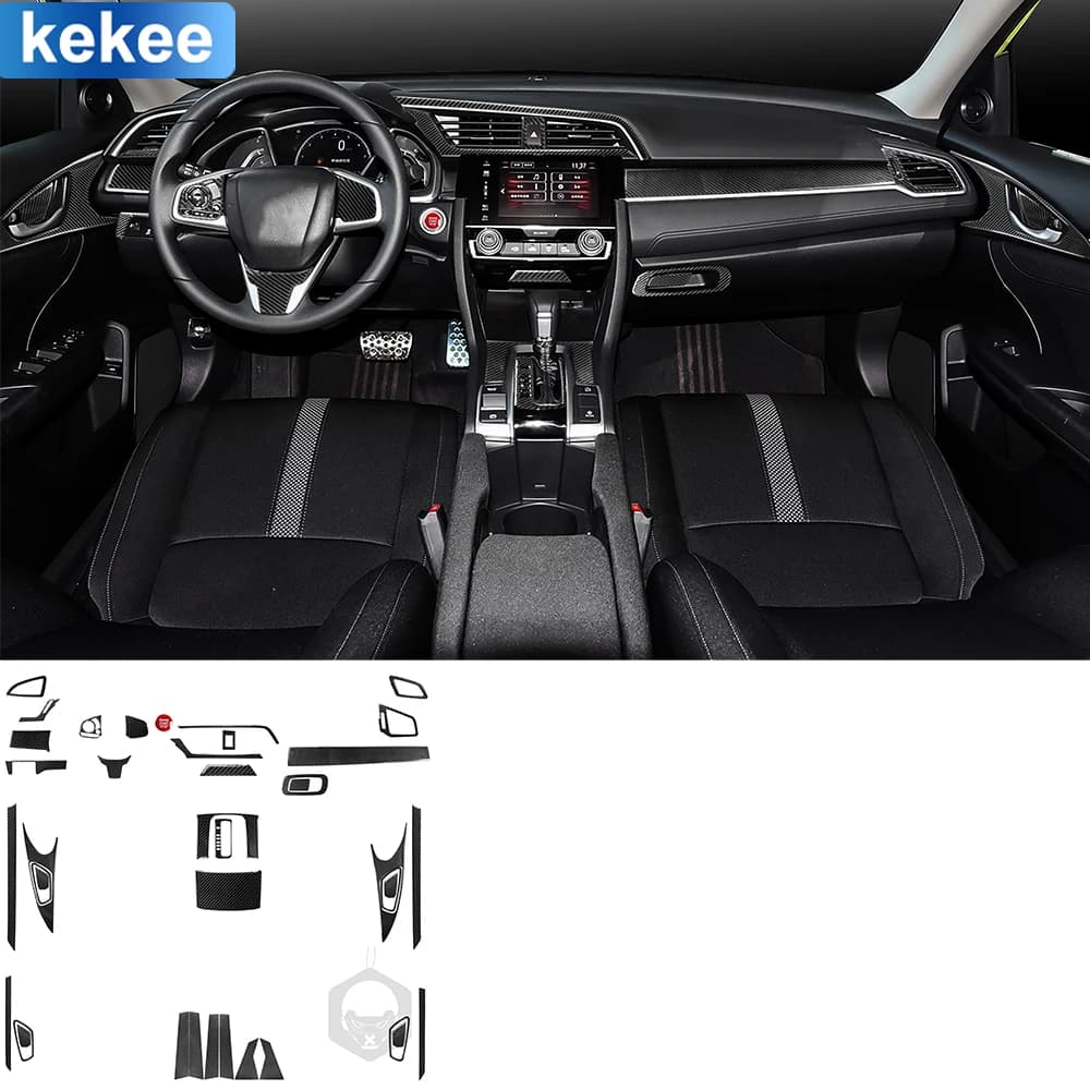 For Honda Civic 10th Gen 2016-2019 Center Full Set Kit Cover Tuning Soft Real Carbon FIber Sticker Car Interior Accessories