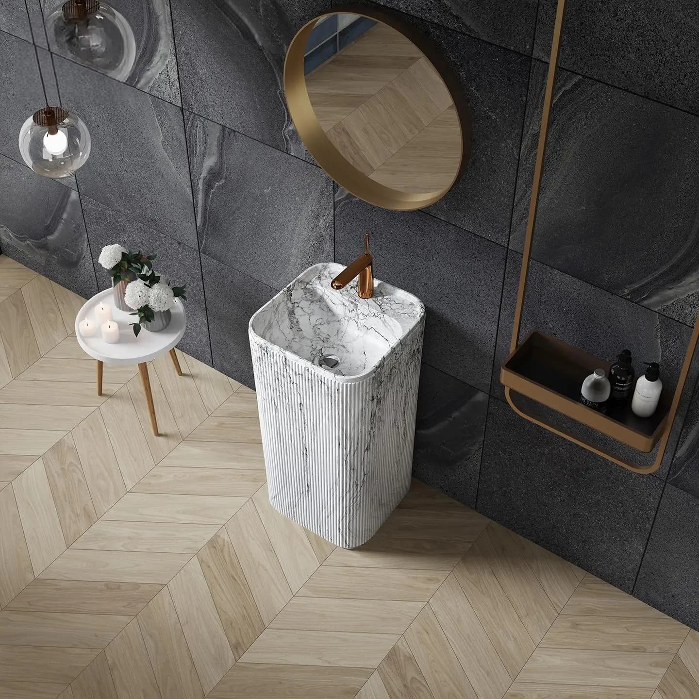 Calacatta White Marble Pedestal Sink, Italian Luxury Freestanding Basin for Villa, Stain Resistant & Eco-Friendly, Customizable