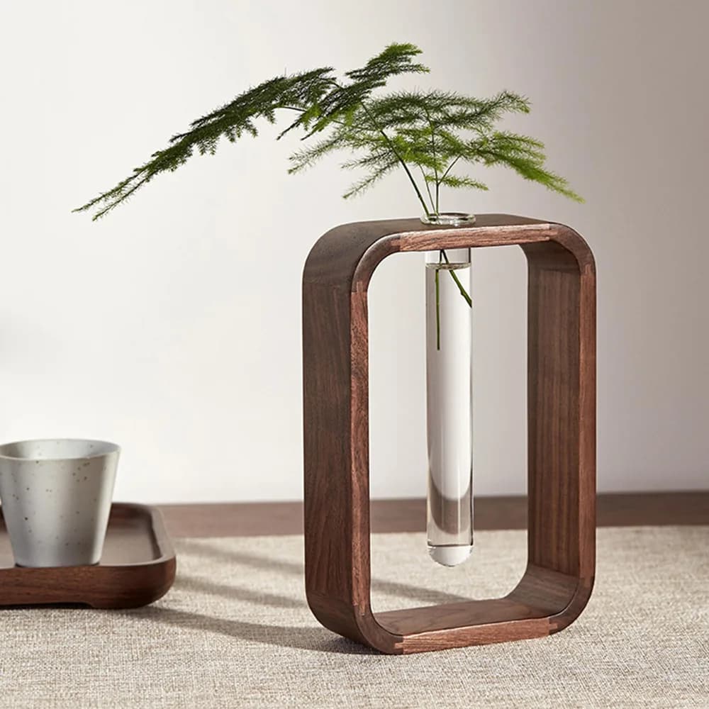 HeMu Minimalist Wooden Frame Test Tube Vase Walnut Wood Hydroponic Planter, Modern Decorative Flower Vase for Living Room Decor