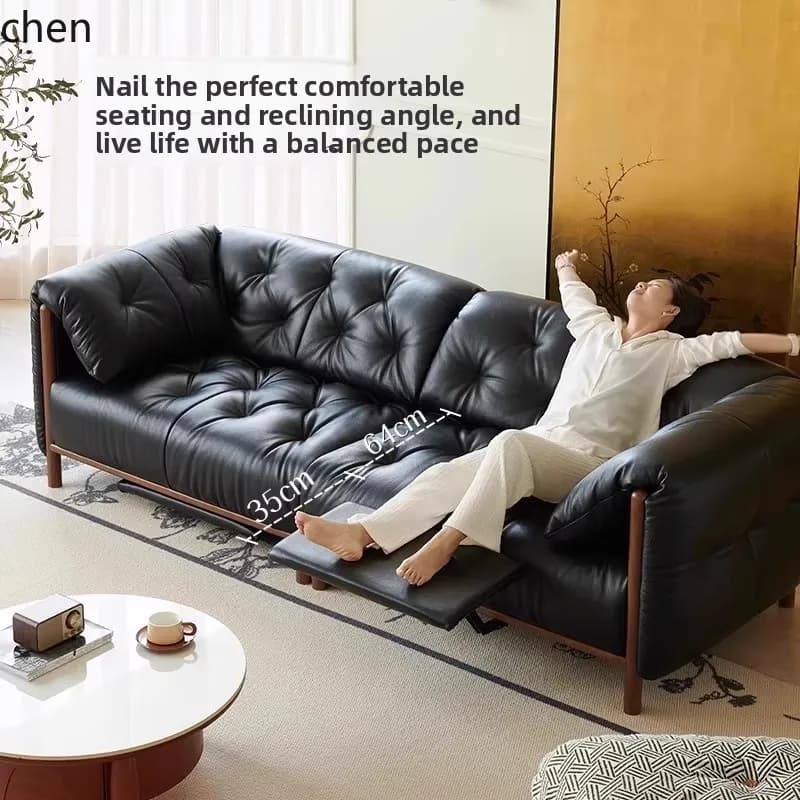 retro electric multifunctional black leather sofa - adjustable vintage style