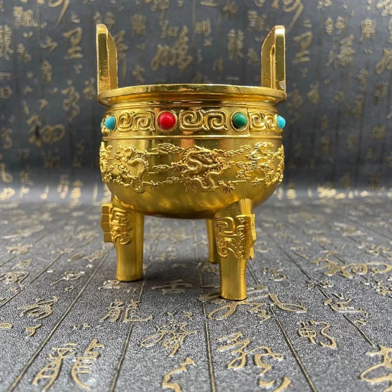 Crafts Ancient Alloy Gemstone Dragon Tripod Gold Tripod Home Decoration Blessing Good Meaning Crafts Ornament