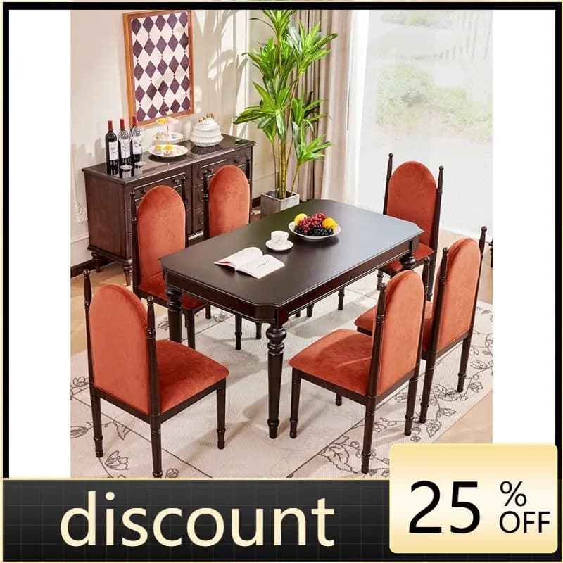 LMM retro all solid wood home French dining table and chair combination black dining table