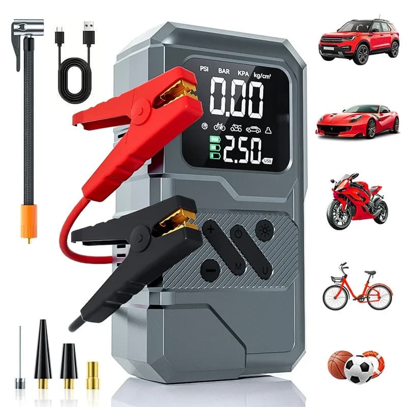 Portable Auto Emergency Jump Starter Built-In Tire Inflator, Multi-function Vehicle Battery Booster For Road Breakdown
