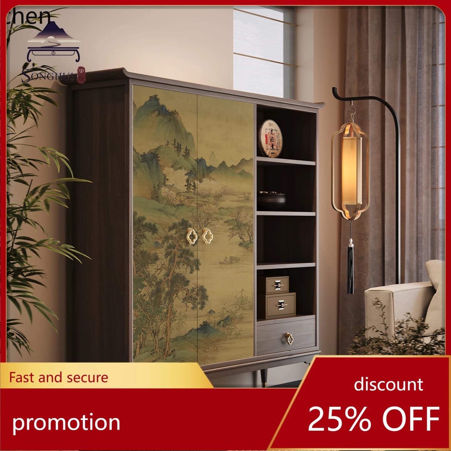 ZML Solid Wood Sideboard Cabinet Living Room Integrated Wall-Mounted Tea and Storage Cabinet
