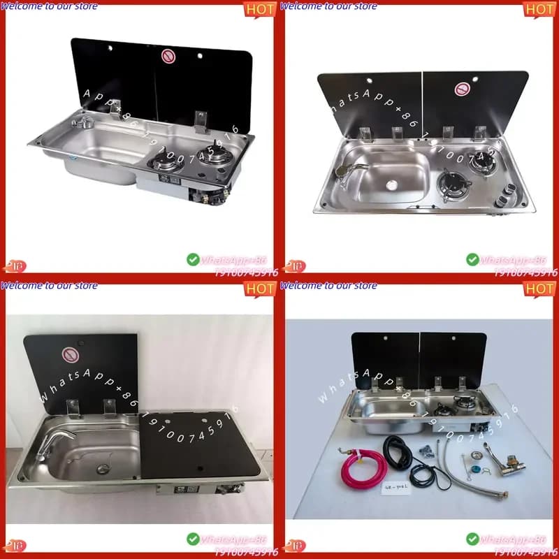 2026 JP Caravan Kitchen SUS 304 Stainless Steel Two Burner 2x1.8KW Stove Sink with Tempered Glass Lid for Camper Van
