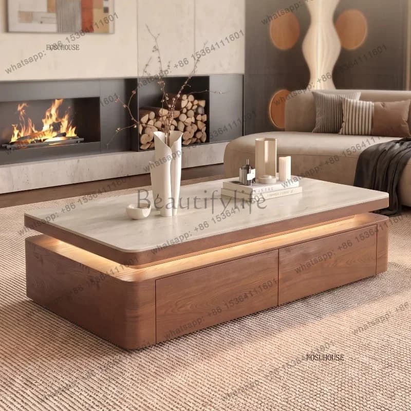 LSWabi-sabi Coffee Tables Travertine Stone Coffee Tables with LED Light Designer Storage Drawers Home Living Room Storage Cabine