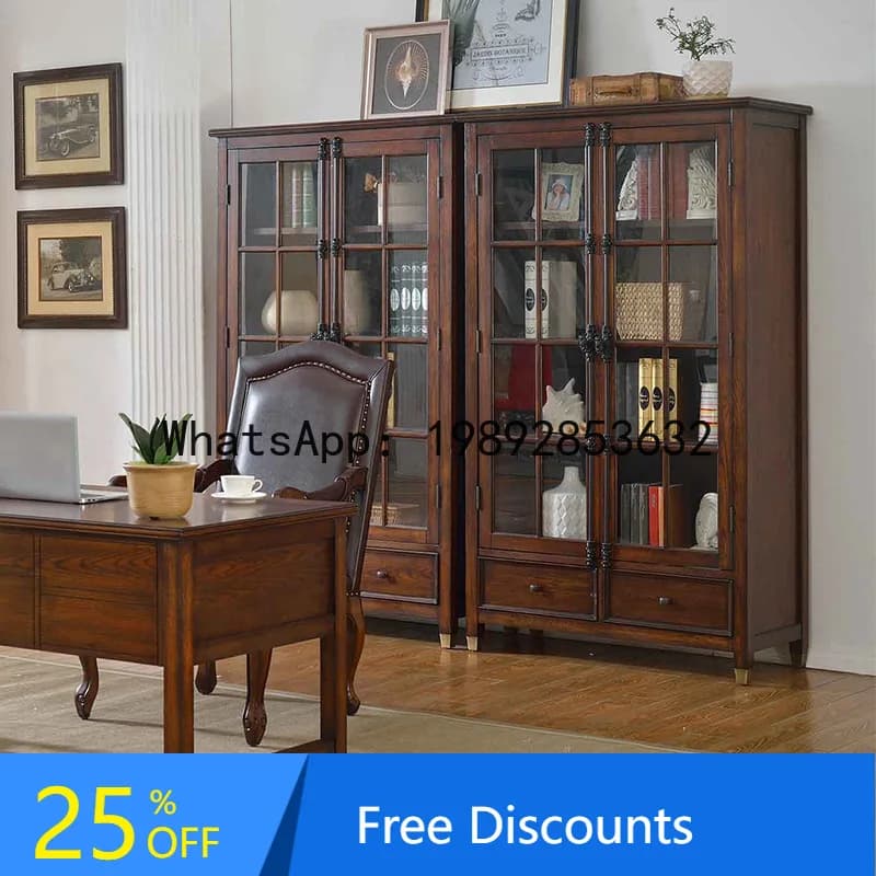 LYY American Country Style Solid Wood Two-Door Bookcase Full Wall Storage Home Organizer Simple Study Desk Combination