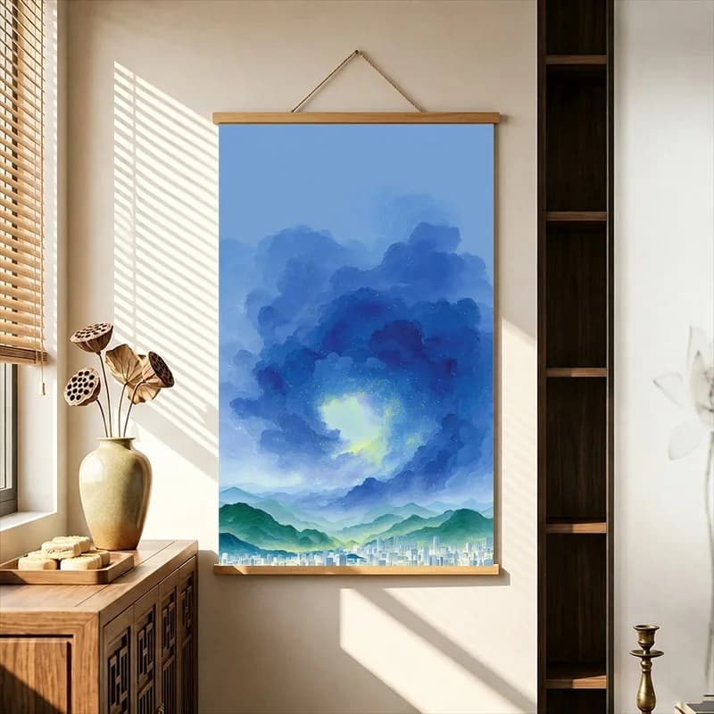 Wall Art Blue Storm Clouds over Distant Mountains, Atmospheric Landscape Pearlescent Canvas Hanging Scroll for Quiet Bar Lounge
