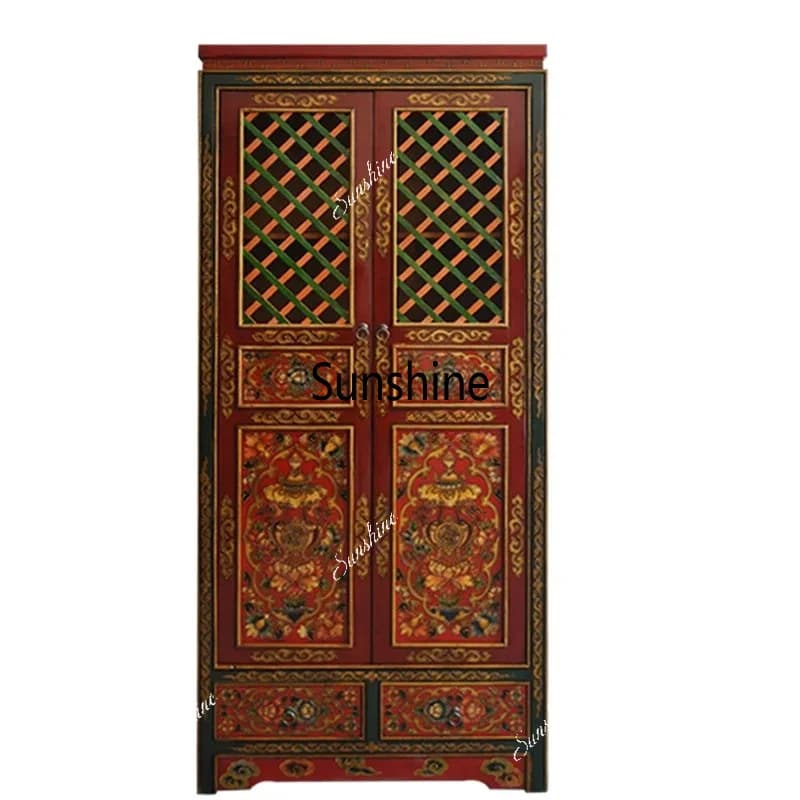 YLHH painted Tibetan bookcase hand-painted wardrobe antique vertical cabinet Buddhist sutra cabinet