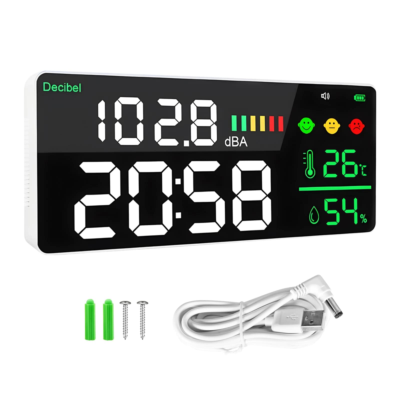 Wall Mounted Decibel Meter 4-in-1 LED Sound Level Monitor, Rechargeable Noise Detector Digital Temperature Humidity Tester